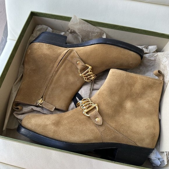 NEW GUCCI Tan Suede Chain-Link Ankle Boots Shoes Size 40 Cowboy Brown - Picture 10 of 10